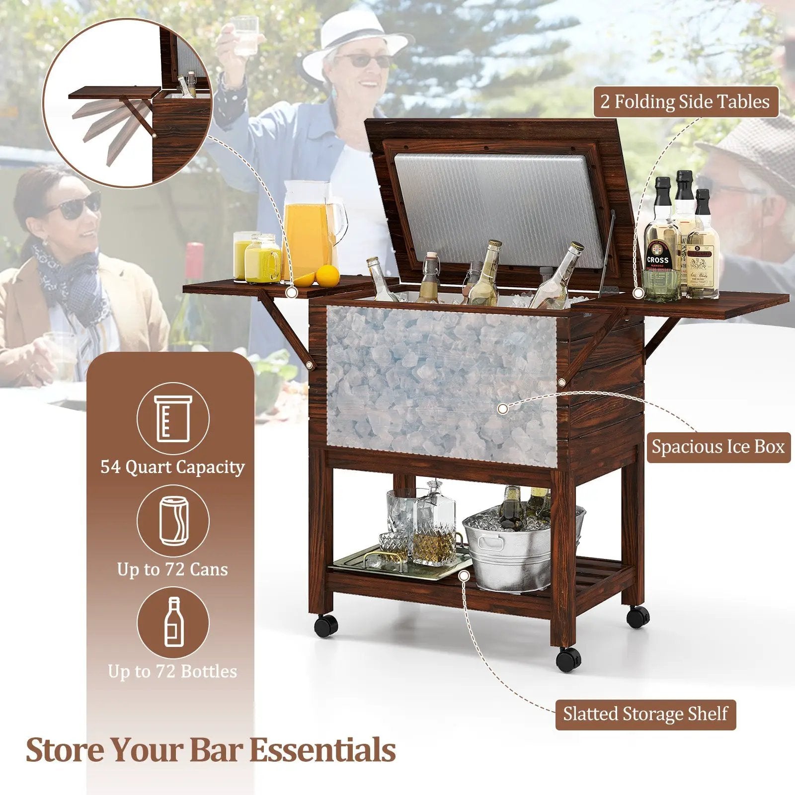 54 Quart Wooden Cooler Cart for Patio Rolling Ice Chest with Shelves-Brown by DirectDeals