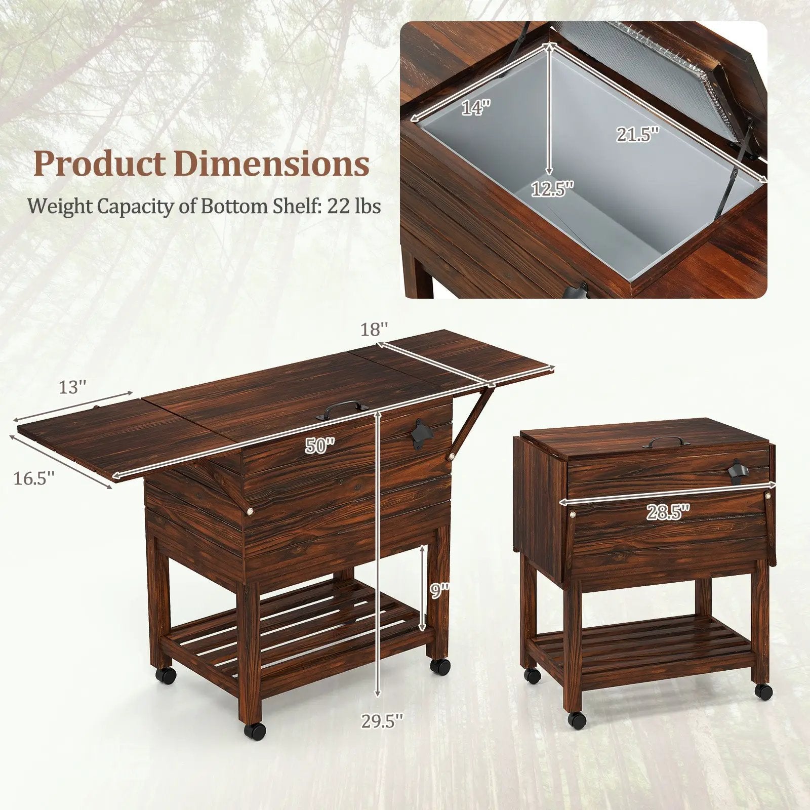 54 Quart Wooden Cooler Cart for Patio Rolling Ice Chest with Shelves-Brown by DirectDeals