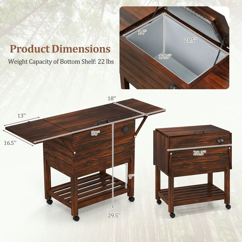 54 Quart Wooden Cooler Cart for Patio Rolling Ice Chest with Shelves-Brown by DirectDeals