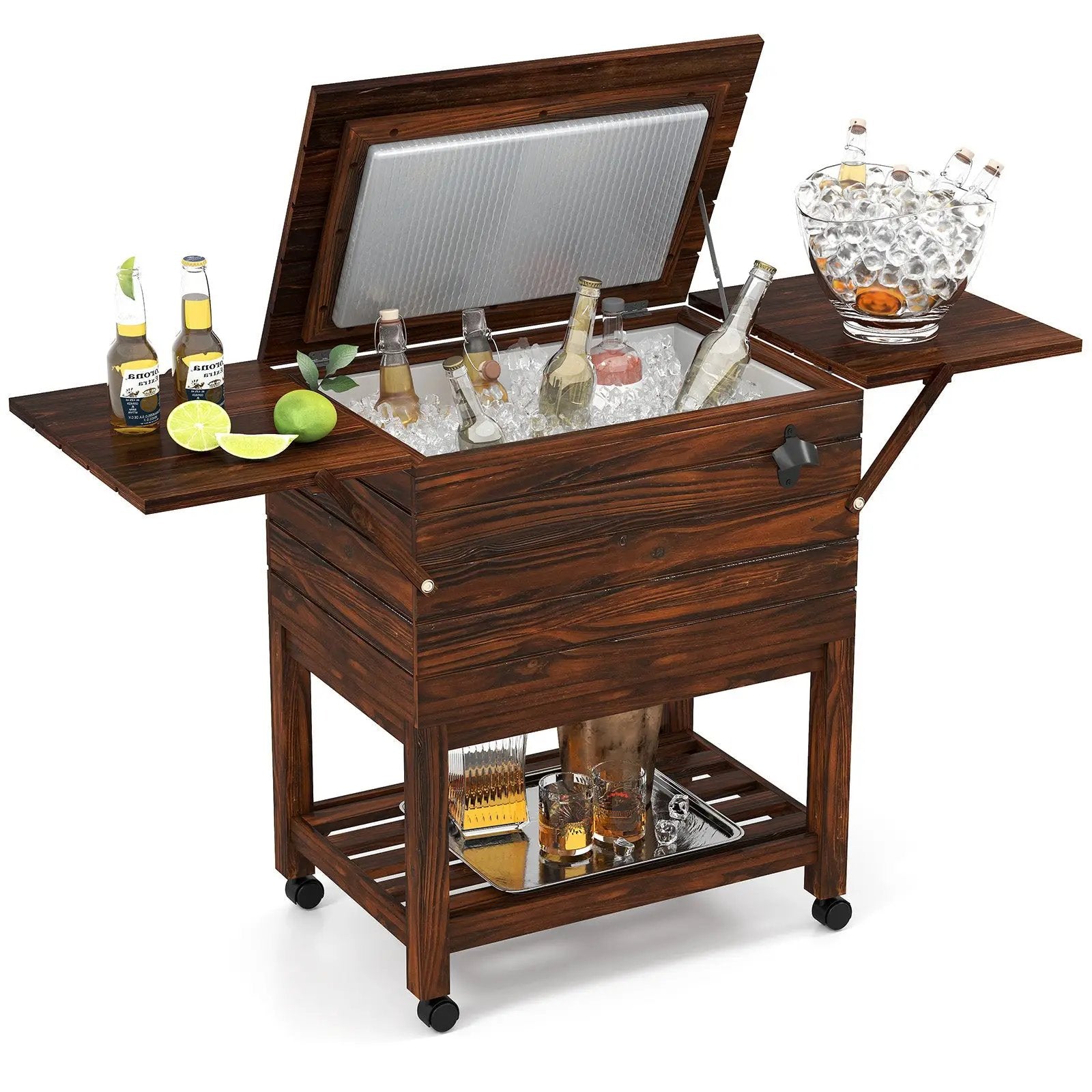 54 Quart Wooden Cooler Cart for Patio Rolling Ice Chest with Shelves-Brown by DirectDeals