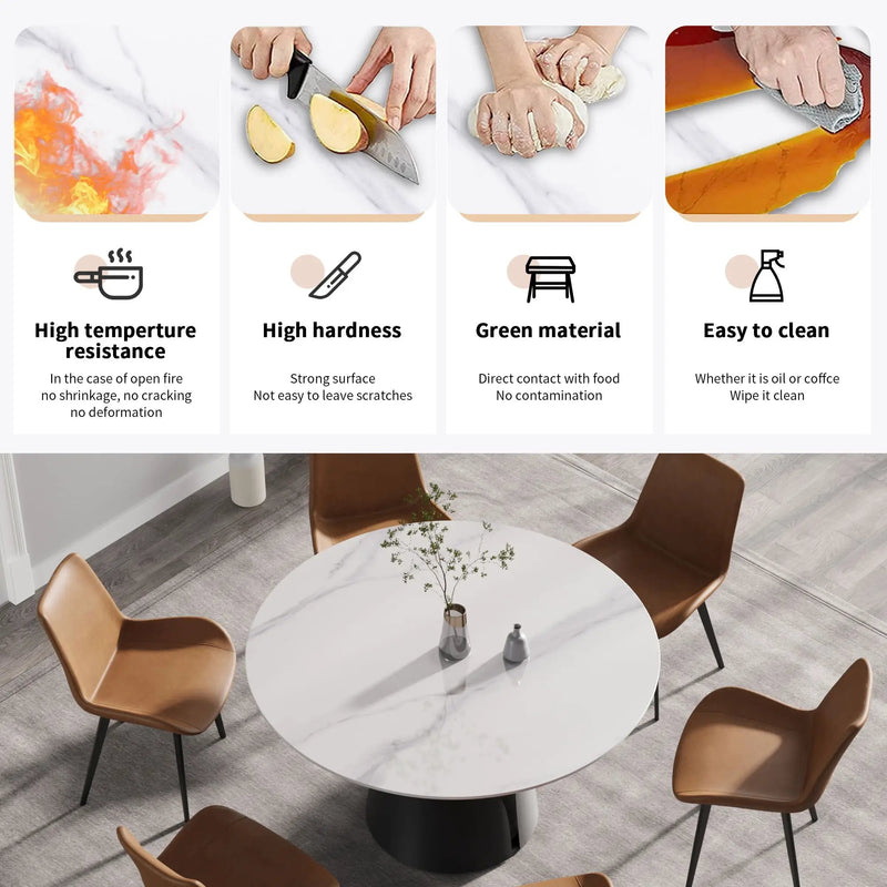 53.15" Modern Artificial Stone Round Carbon Steel Base Dining Table, Can Accommodate 6 People - White / Black by Unique Piece Furniture