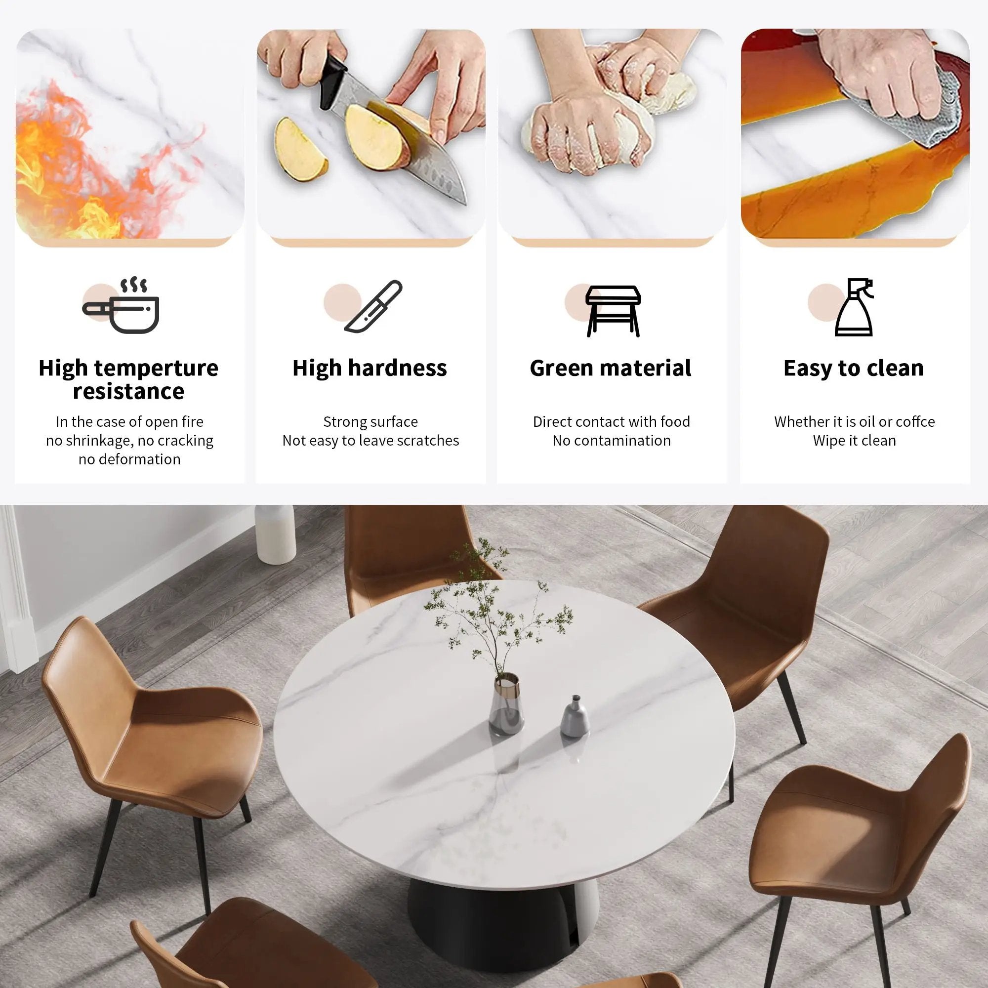 53.15" Modern Artificial Stone Round Carbon Steel Base Dining Table, Can Accommodate 6 People - White / Black by HouseOfZazla