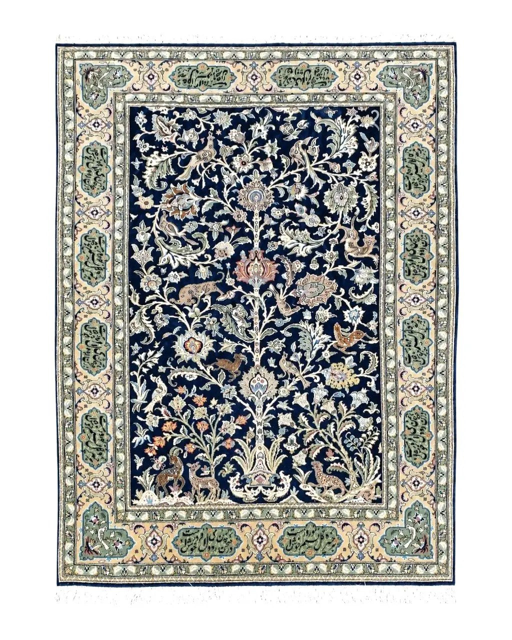 Semi Antique Persian Qum Tree of Life Rug, Hand-Knotted, Wool, Midnight Blue and Tan, Animal Pictorials, Written Poem in Borders, 4' 8" x 7' 8" by Jewel Rugs
