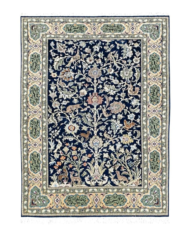 Semi Antique Persian Qum Tree of Life Rug, Hand-Knotted, Wool, Midnight Blue and Tan, Animal Pictorials, Written Poem in Borders, 4' 8" x 7' 8" by Jewel Rugs