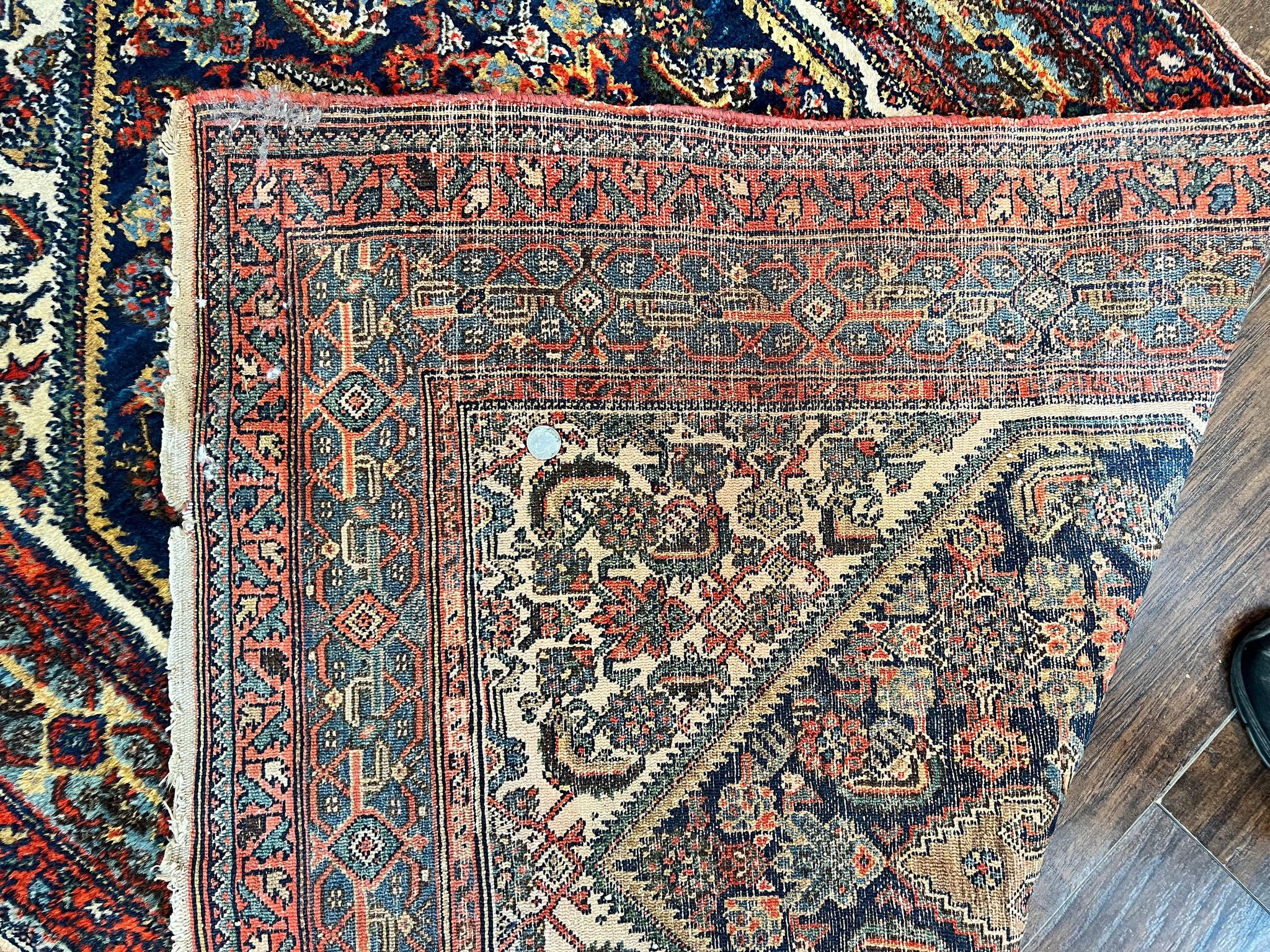 Antique Persian Runner Rug 3.7 x 15.8, Navy Blue Multicolor, Hand Knotted Handmade Wool Rug for Hallway, Geometric Medallions, Persian Hamadan Rug by Jewel Rugs