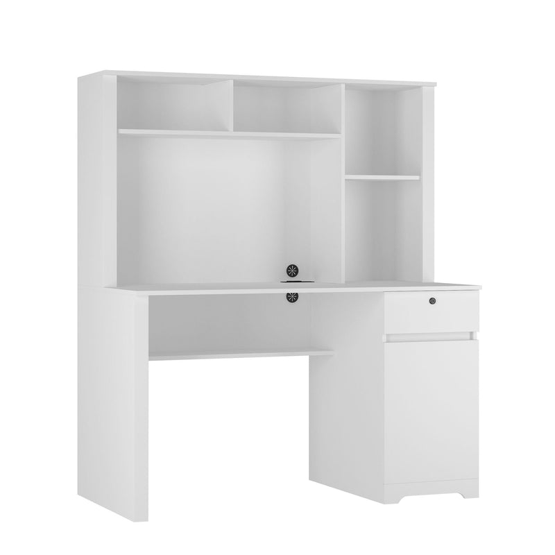 Computer Desk With Hutch & Bookshelf, Wood Executive Desk Teens Student Desk Writing Laptop Home Office Desk With Drawers, 3 Ac Outlets And 2 USB Charging Ports, Study Laptop Table For Home - White by Unique Piece Furniture