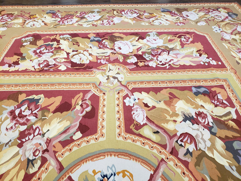 Vintage Chinese Aubusson Savonnerie Flat Pile Rug 9.9 x 14.5 Wool Handwoven Red & Khaki Large Flowers Rug 9x14 - 10x15 Michaelian Kolhberg by Jewel Rugs