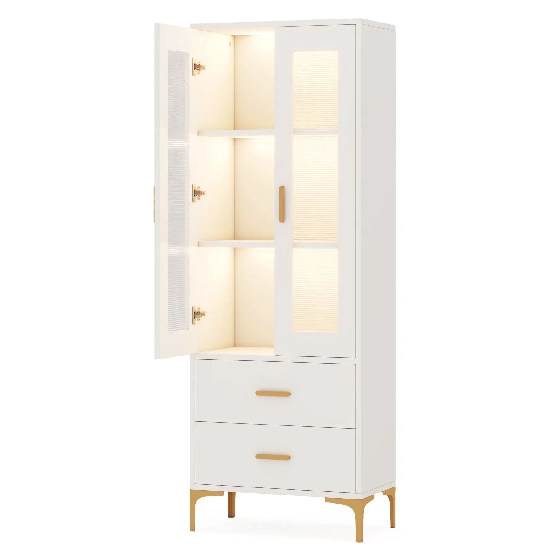 Bookcase With Doors, Drawers & RGB LED Light Tall Storage Cabinet For Living Room - White by HouseOfZazla