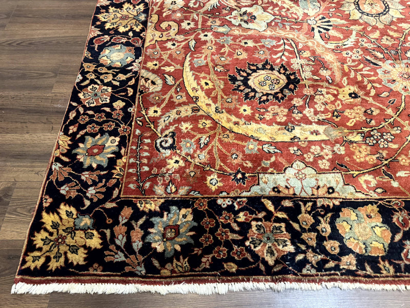 Indian Agra Rug 9x11, Terracotta and Navy Blue, Sickle Leaf Rug by Jewel Rugs