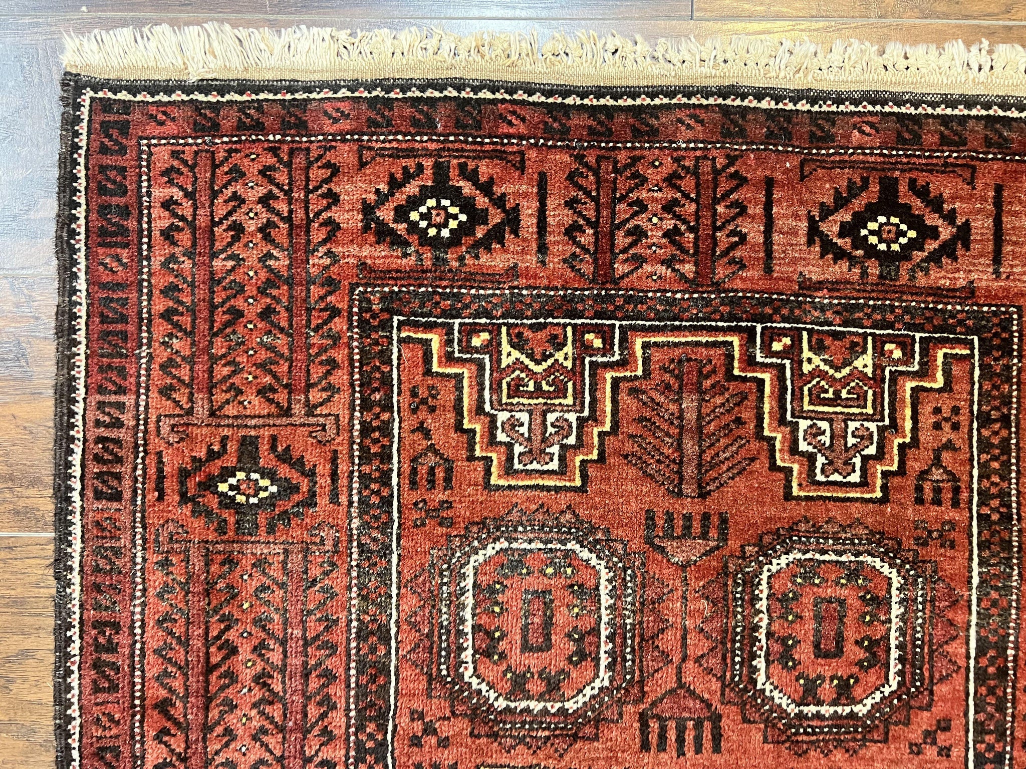 Antique Persian Turkoman Rug 3x6, Wool Tribal Handmade Carpet, Red and Black by Jewel Rugs