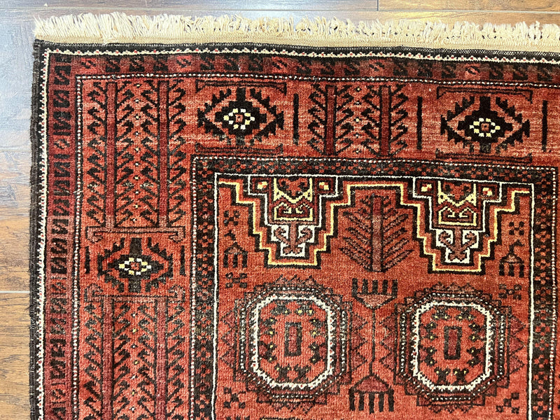Antique Persian Turkoman Rug 3x6, Wool Tribal Handmade Carpet, Red and Black by Jewel Rugs