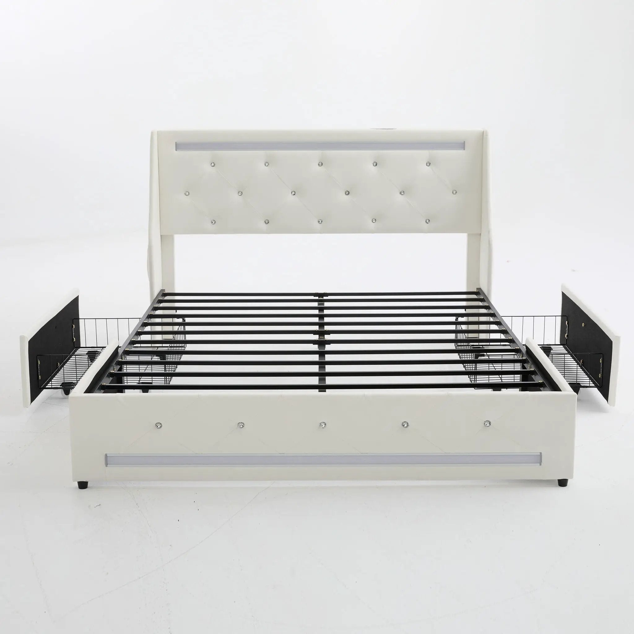 Wingback Upholstered Bed Frame With LED Lights, Charging Station by HouseOfZazla
