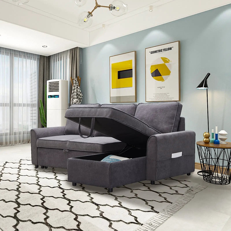 Modern Modular L-Shaped Sofa Bed with Chaise Dark Grey Linen by HouseOfZazla