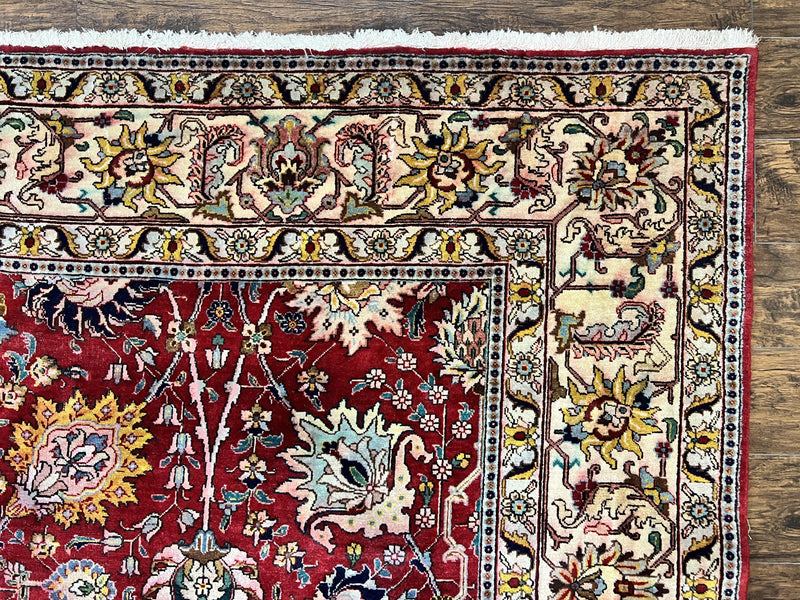 Persian Tabriz Rug 10x12, Floral Allover, Handmade Vintage Wool Carpet, Red and Cream by Jewel Rugs