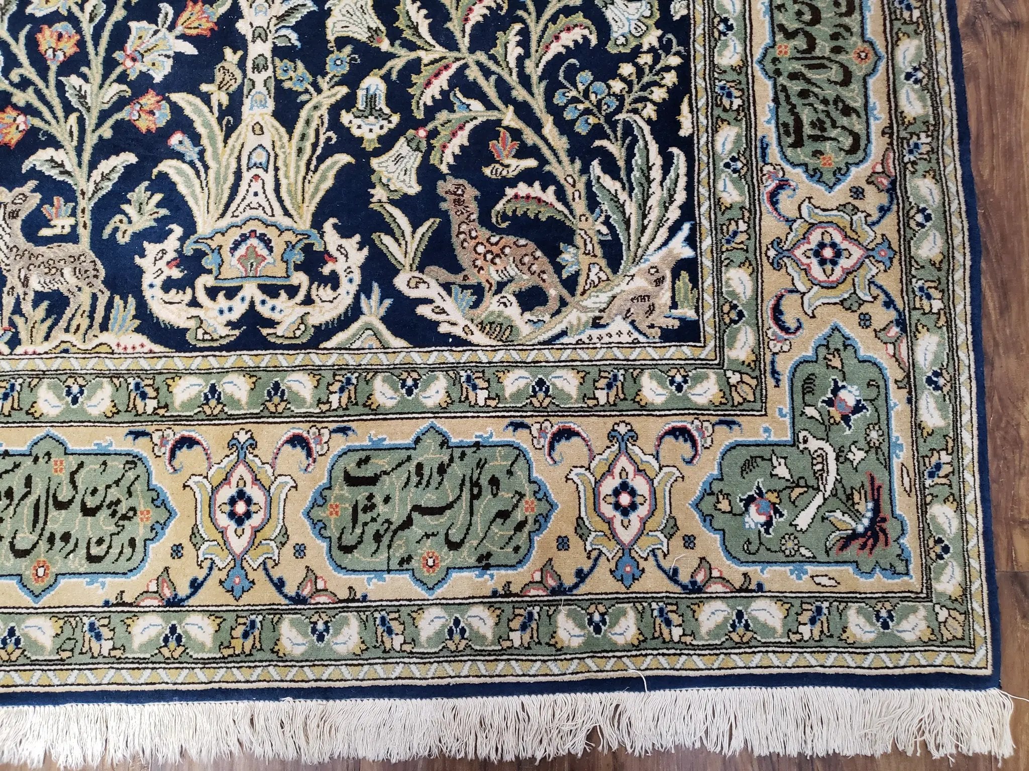 Semi Antique Persian Qum Tree of Life Rug, Hand-Knotted, Wool, Midnight Blue and Tan, Animal Pictorials, Written Poem in Borders, 4' 8" x 7' 8" by Jewel Rugs