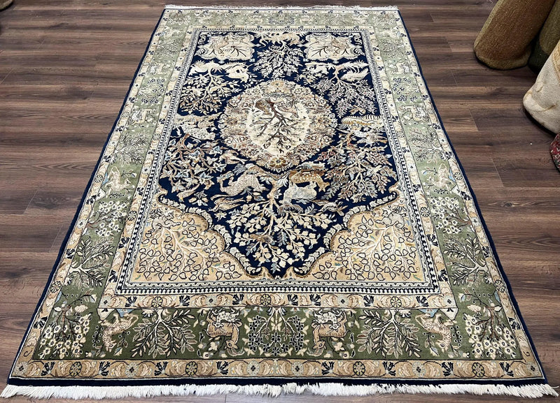 Wonderful Persian Qum Rug 6x9, Animal Pictorials, Tree of Life, Deer Birds, Hand Knotted Oriental Ghom Carpet, Semi Antique Vintage, Navy Blue Green by Jewel Rugs