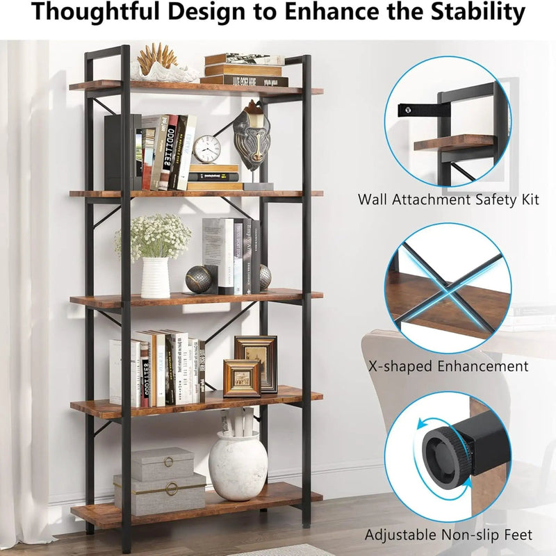 5 Tier Bookshelf Unit With Accents For Living Room - Black / Brown by HouseOfZazla