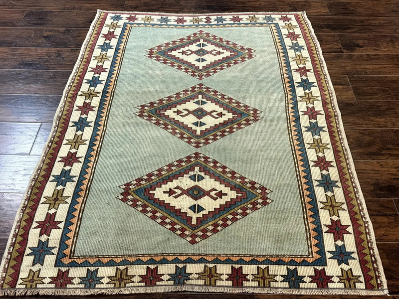 Turkish Kazak Rug 4x6, Geometric Medallion, Caucasian Design Rug, Semi Antique Vintage, Mint Green Maroon Ivory by Jewel Rugs