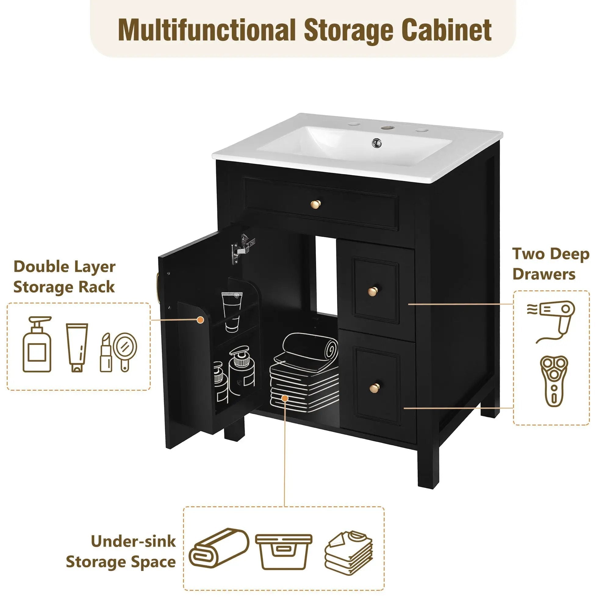 Elegant Bathroom Vanity With Ceramic Sink, Soft Close Doors And Drawers, Double Storage Racks by Unique Piece Furniture