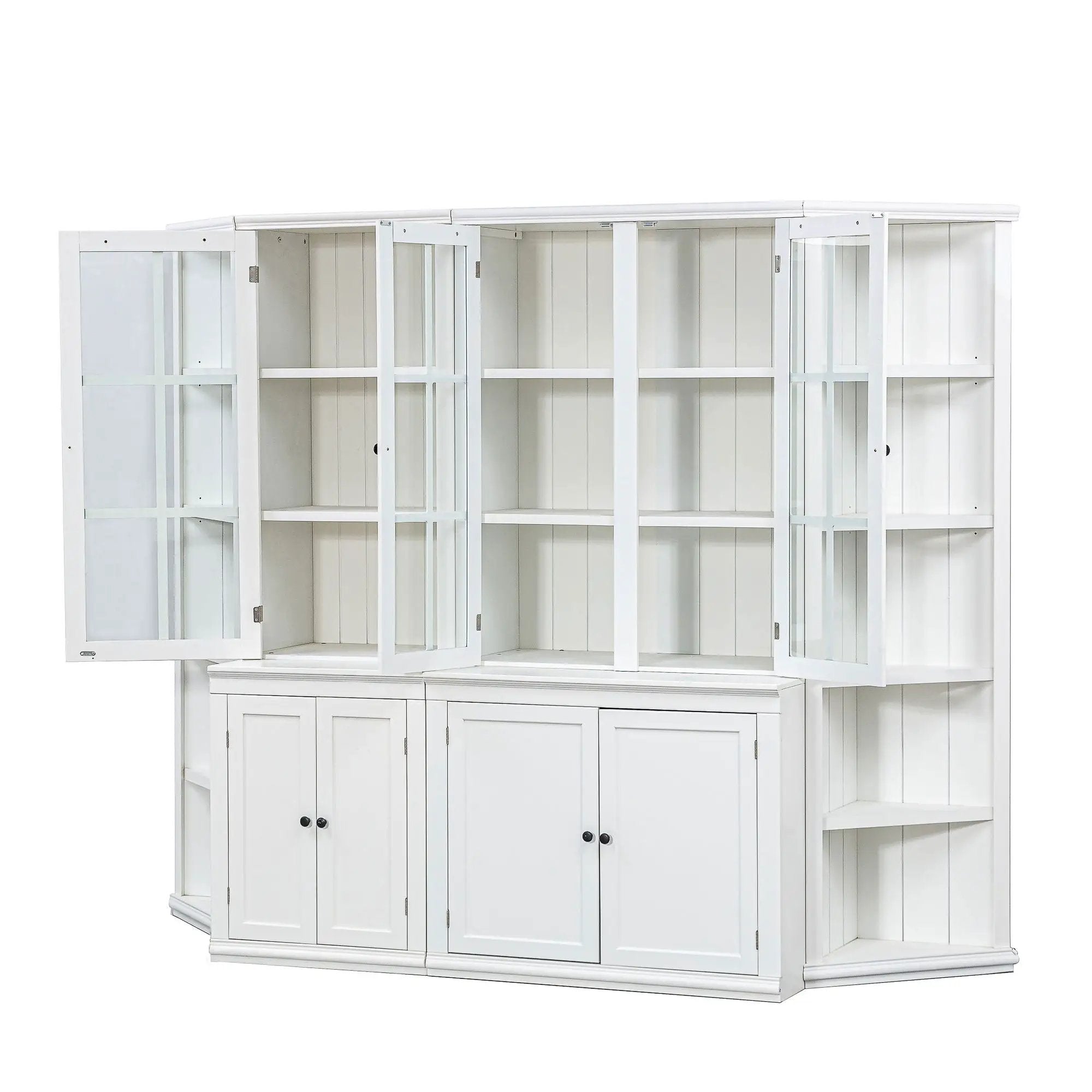 Retro Style Wall Suit With Glass Doors, 75.25" Tall Display Cabinets & Triangle Sided Bookshelves - White by HouseOfZazla