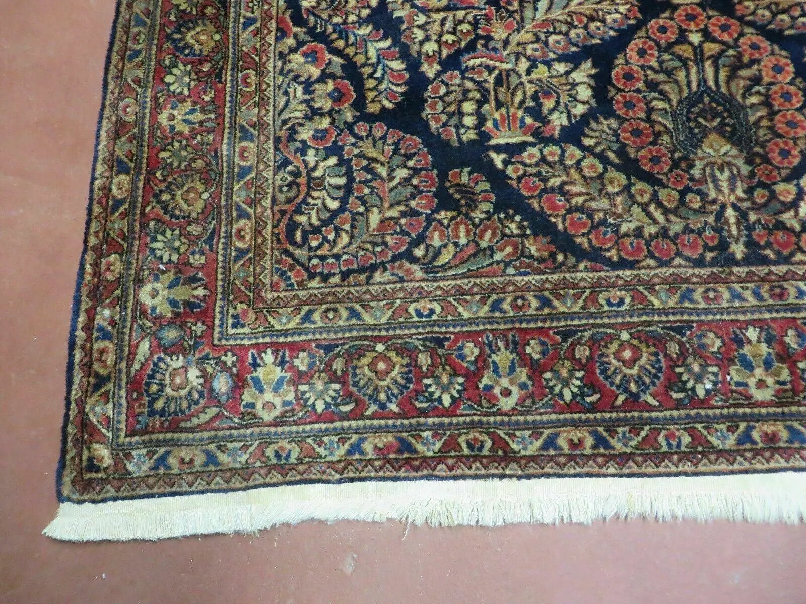 Antique Persian Sarouk Rug 4x6, Hand Knotted 1920s Oriental Carpet 4 x 6 ft, Navy Blue and Red Wool Rug, Handmade Floral Allover Persian Area Rug by Jewel Rugs