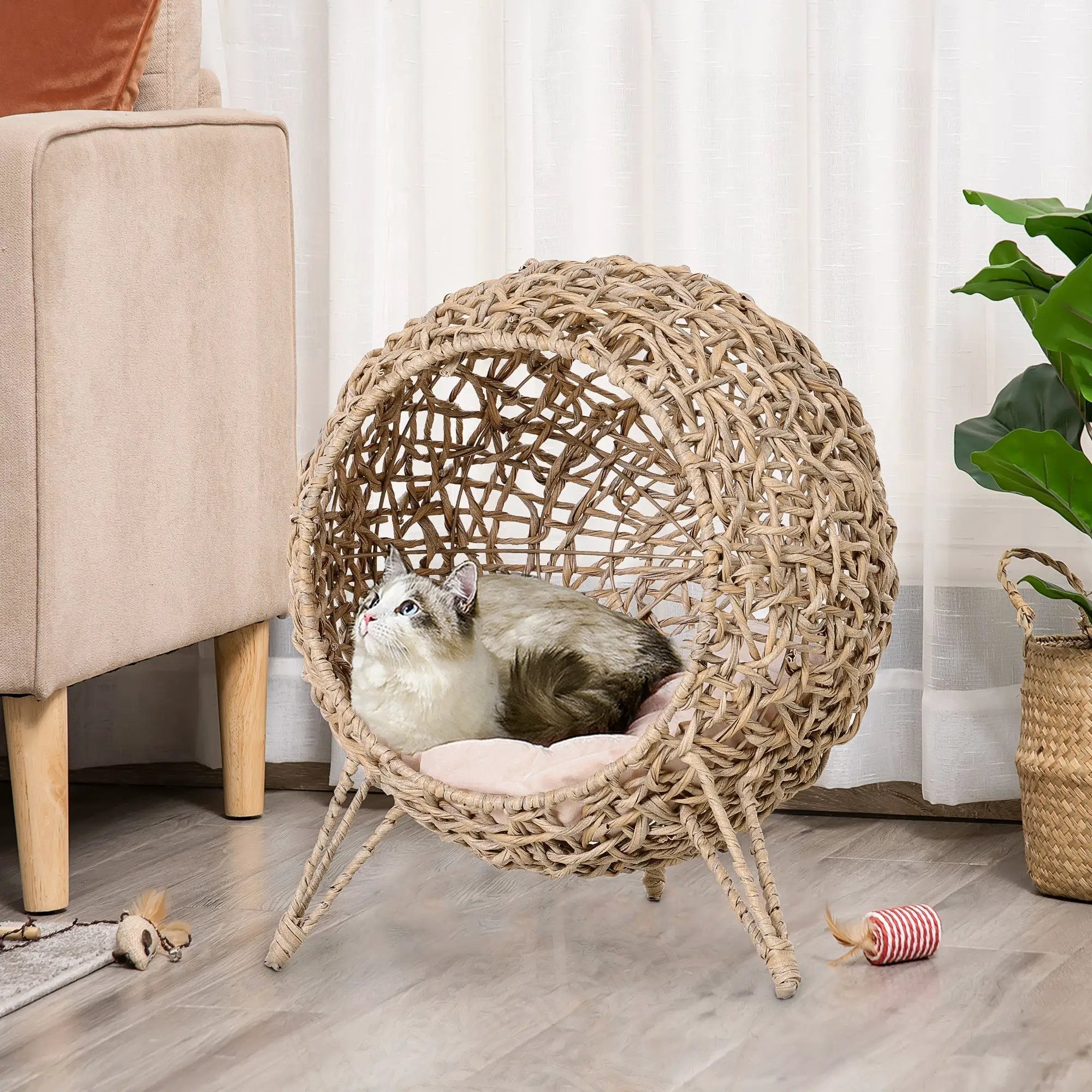 20.5' Weaved Banana Leaf Cat Bed with Cushion Beige by HouseOfZazla