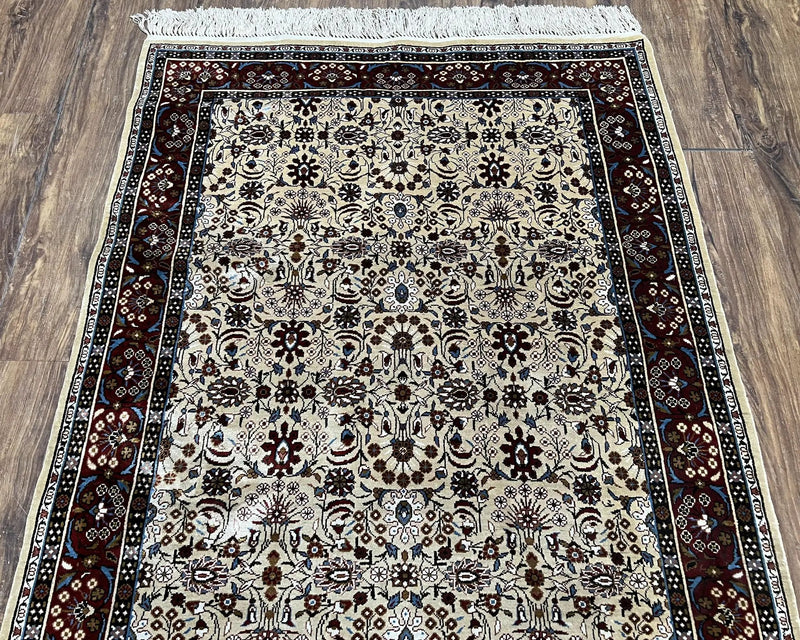 Fine Sino-Persian Silk Rug 3x5, High Quality Silk Carpet, Handmade Small Silk Rug, Allover Repeated Motif, Tan Maroon Blue Vintage Silk Rug by Jewel Rugs