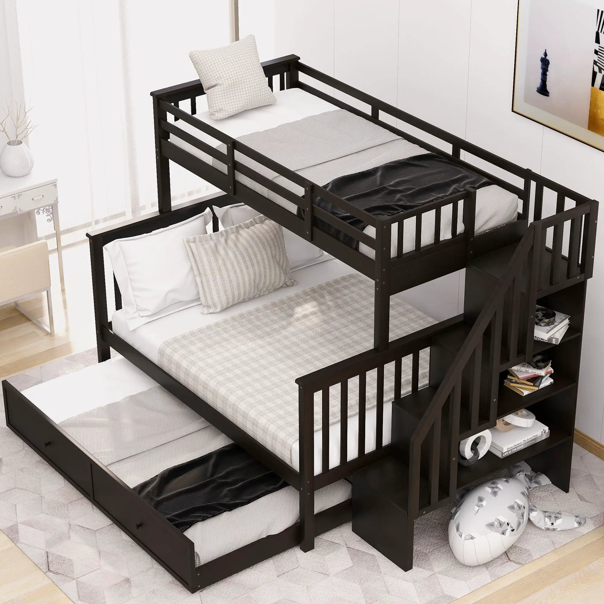 Bunk Bed With Twin Size Trundle, Storage And Guard Rail For Bedroom by HouseOfZazla