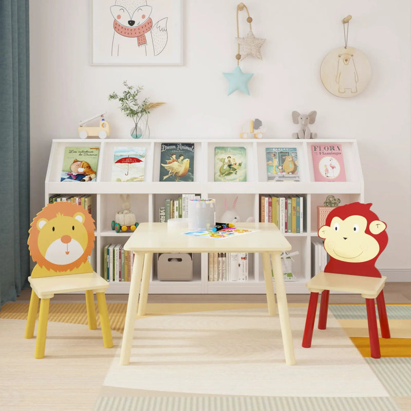 Kids Table And 2 Chairs Set, 3 Pieces Toddler Table And Chair Set, Wooden Activity Play Table Set (Lion&Monkey) - Natural by HouseOfZazla