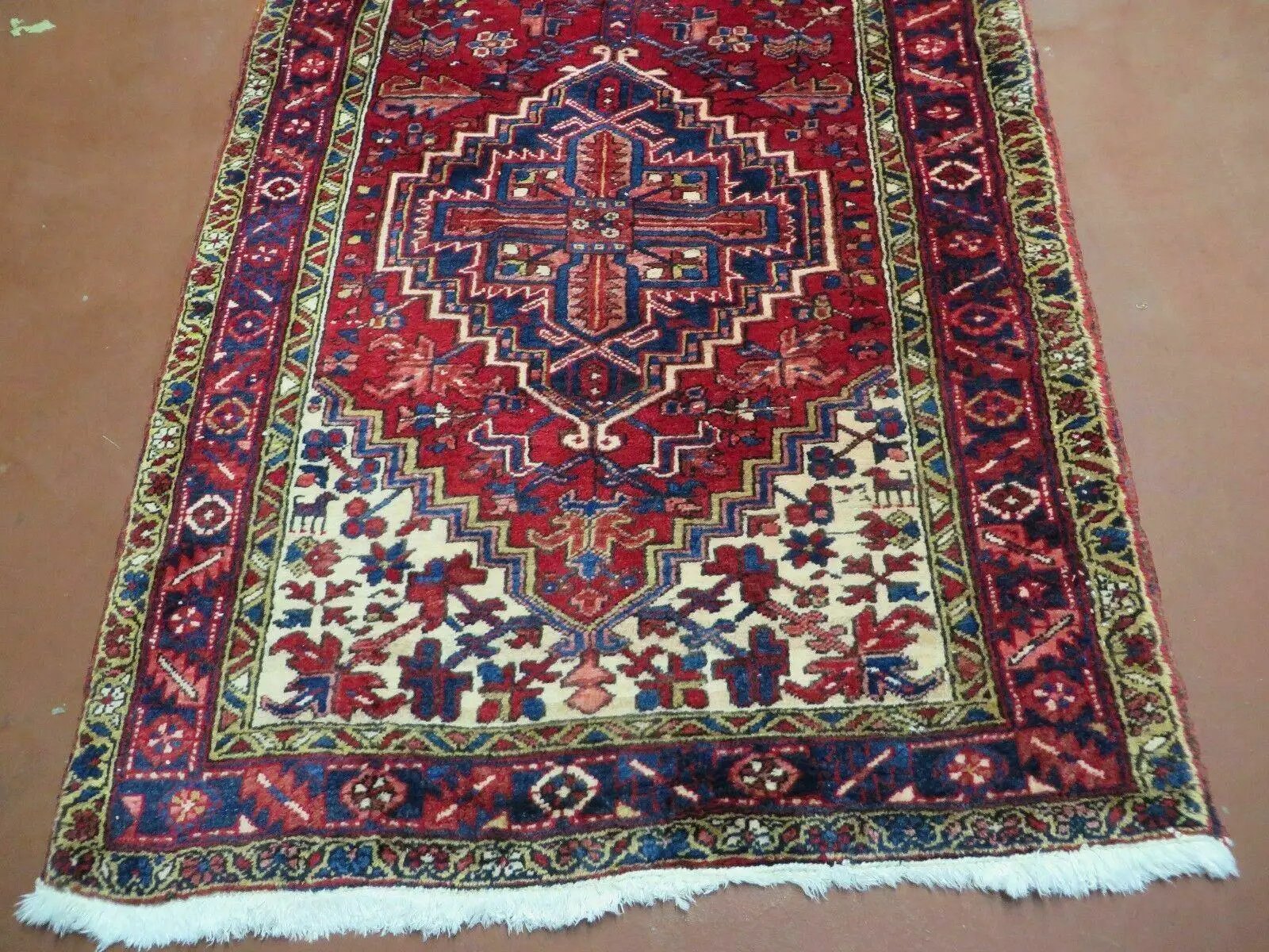 Persian Runner Rug, Heriz Runner Rug, Geometric Medallions, Red Cream Navy Blue Wool Hallway Rug 3.9 x 10.8 Antique Oriental Runner Handmade by Jewel Rugs