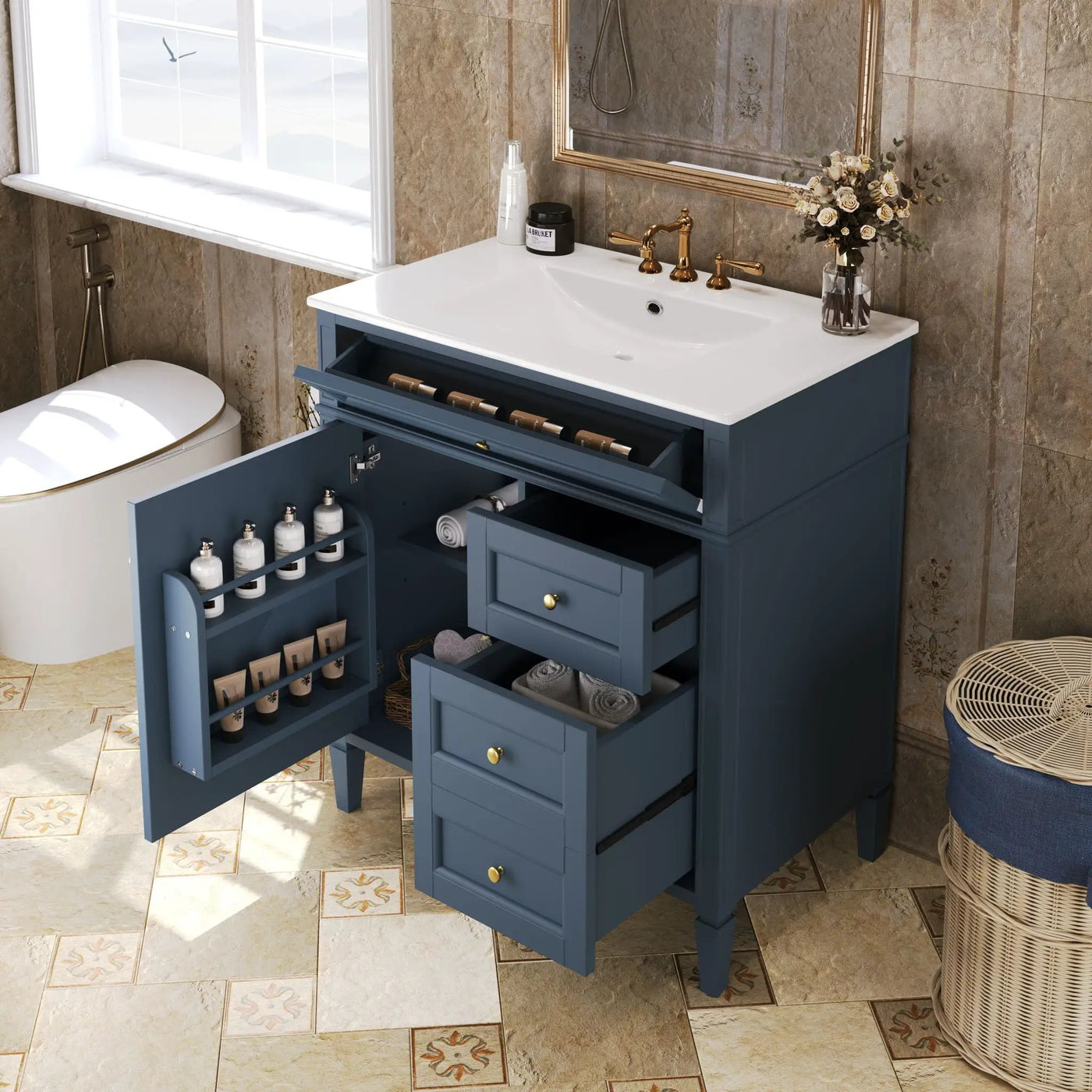 Bathroom Vanity With Top Sink, 2 Drawers & Tip Out Drawer by Unique Piece Furniture