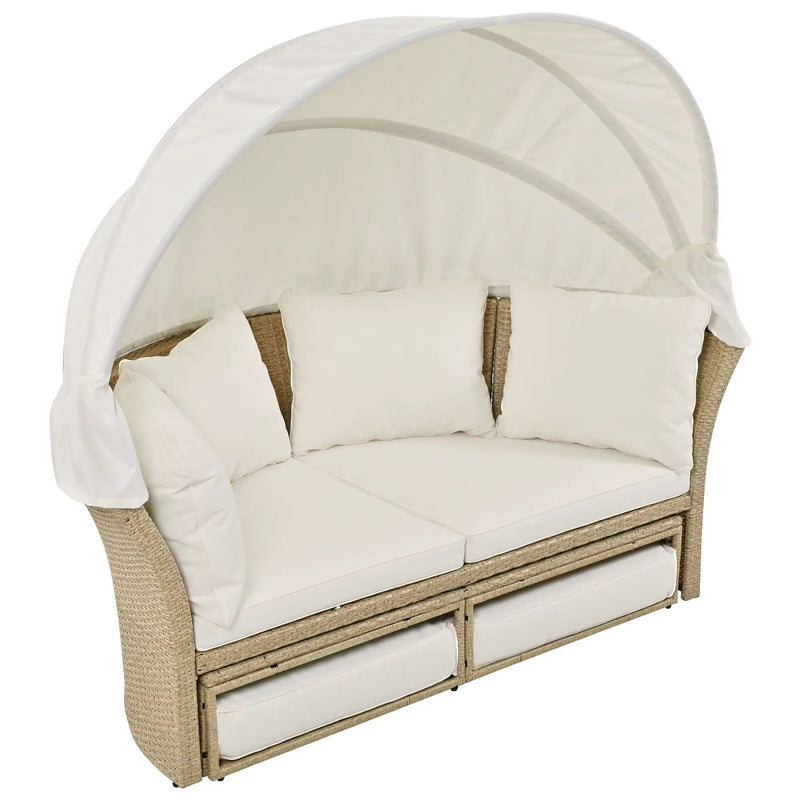 Outdoor Patio Daybed Wicker Rattan Double Daybed Round Sofa Furniture Set With Retractable Canopy, 4 Pillows For Lawn Garden by HouseOfZazla