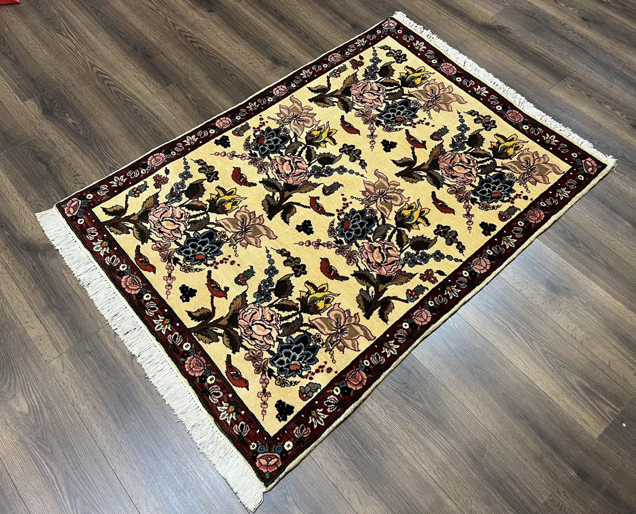 Persian Bidjar Rug 3.6 x 5 ft, Repeated Floral Motifs, Roses and Birds, Cream Burgundy, Fine Wool Oriental Bijar Carpet, Vintage Traditional Area Rug by Jewel Rugs