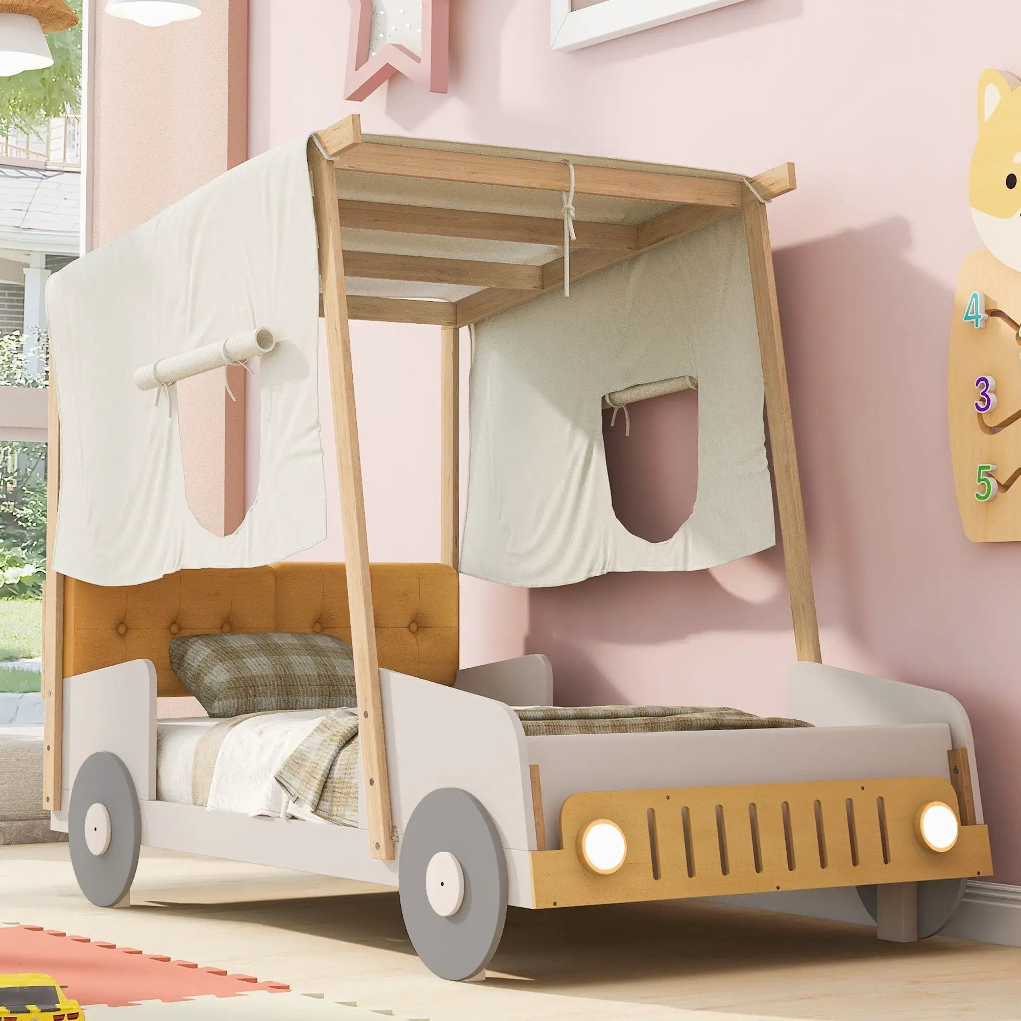 Twin Size Car Bed With Pillow, Ceiling Cloth And LED - Natural by Unique Piece Furniture