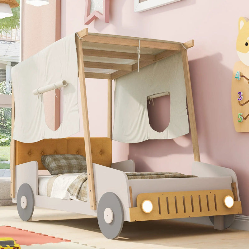 Twin Size Car Bed With Pillow, Ceiling Cloth And LED - Natural by Unique Piece Furniture