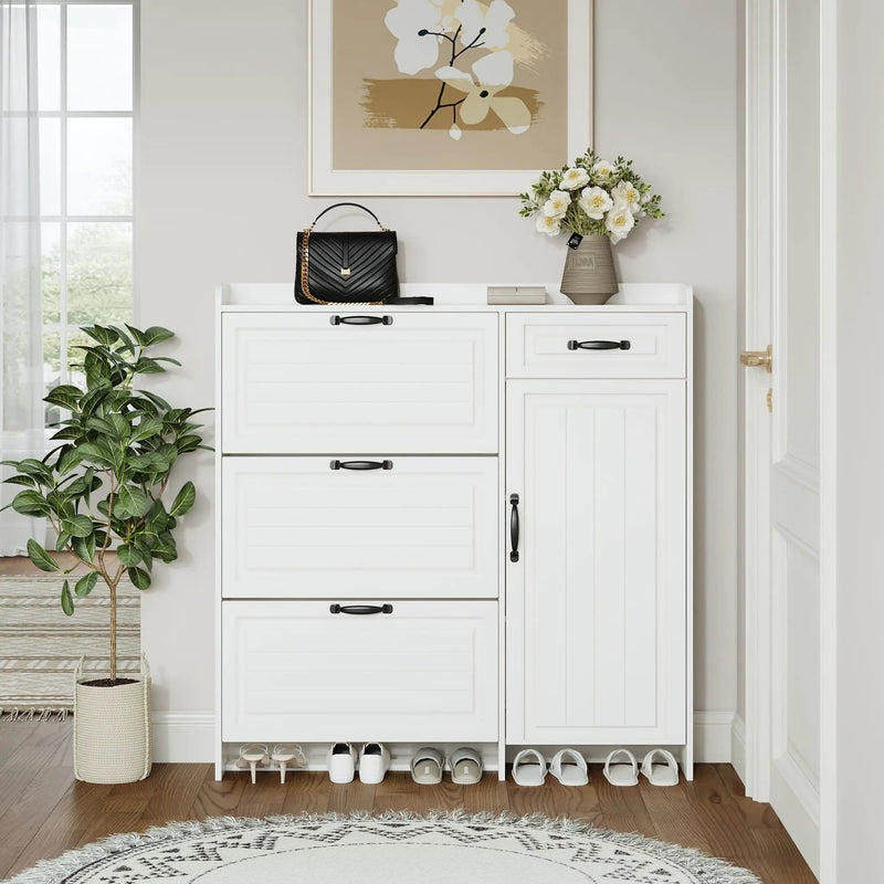 Shoe Cabinet With 4 Doors 1 Drawers, PVC Door With Shape, Large Space For Storage - White by HouseOfZazla