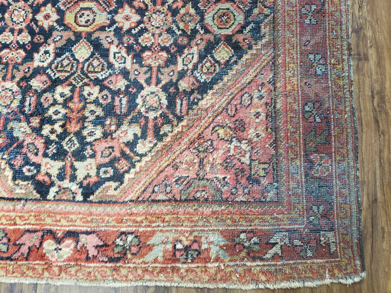 Antique Persian Mahal Area Rug 4.4 x 6.6, Wool Hand-Knotted Shabby Chic Oriental Rug, Red Black 1930s Foyer Room Carpet, Low Pile Boho Rug by Jewel Rugs