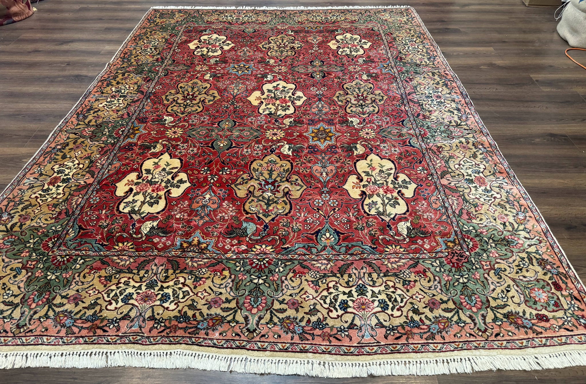 Antique Tabriz Persian Rug 7x10, Red Cream Tan, Unique Design, Fine 270 KPSI, Birds, Floral by Jewel Rugs