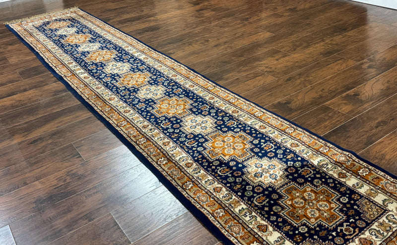 Indo Persian Runner Rug 2.6 x 12.7, Indian Kashmiri Runner for Hallway or Kitchen, Navy Blue, Geometric Medallions, Handmade Wool by Jewel Rugs