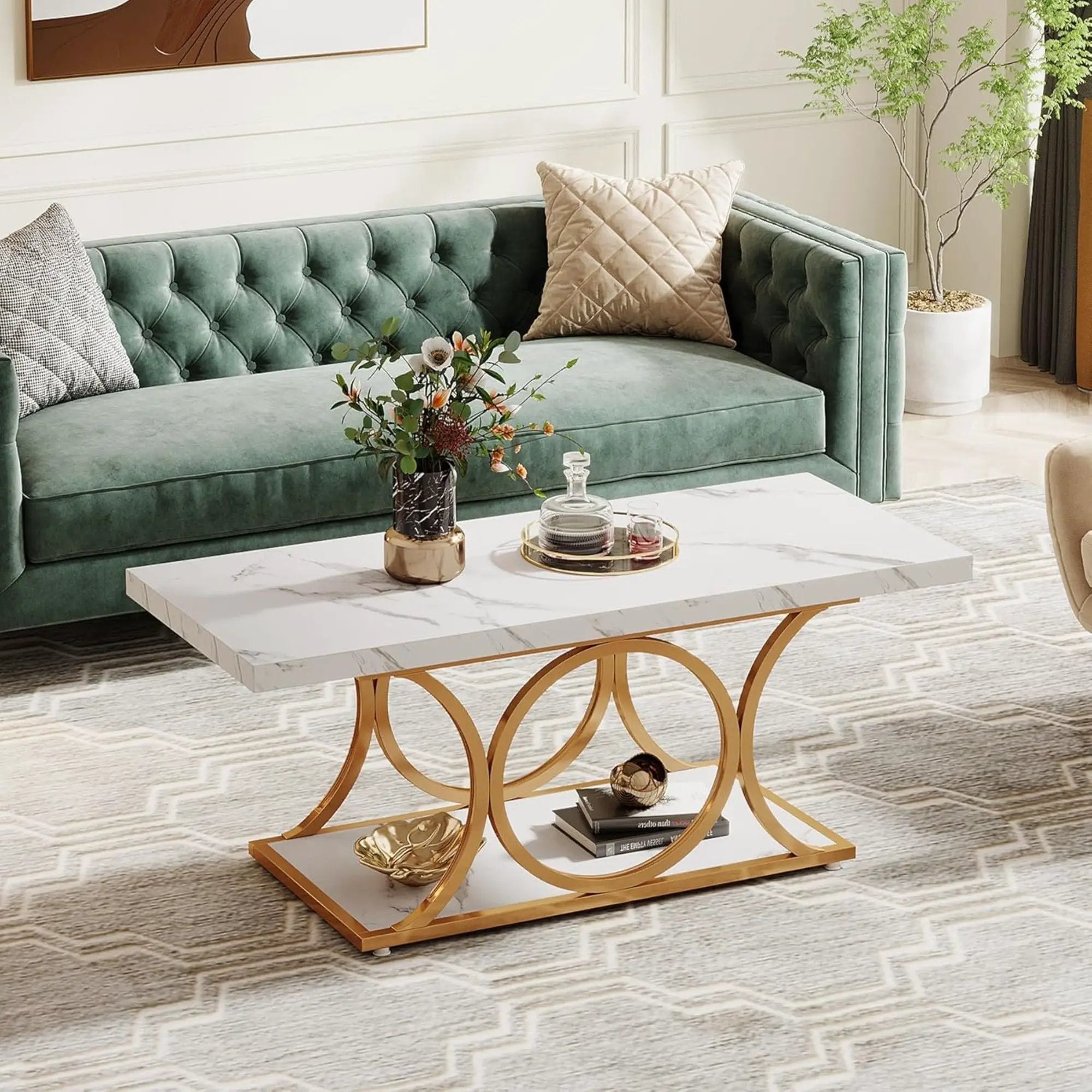 Rectangle Coffee Table, 2 Tier With Geometric Legs, Furniture With Storage Shelf - White / Gold by HouseOfZazla