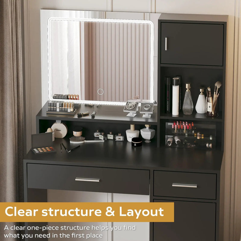 Vanity Desk With Mirror And LED Light Strip, Dressing Table With Large Drawer, 3 Level Storage Dresser & 3 Lighting Modes Adjustable Brightness, Suitable For Bedroom by HouseOfZazla