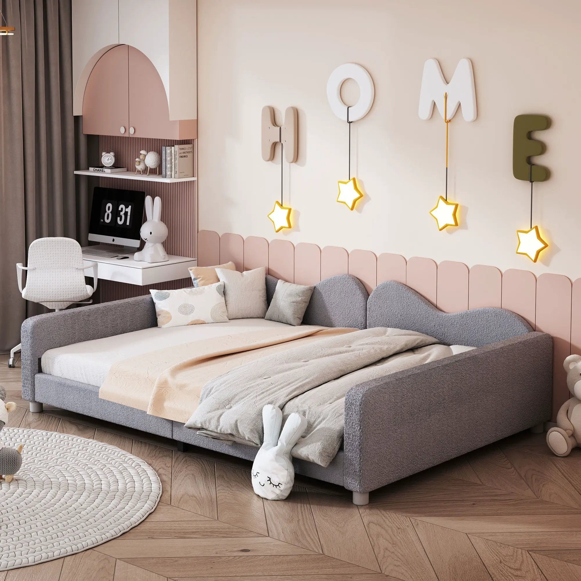 Upholstered Daybed, Sherpa Fabric Sofabed With Cloud-Shaped Backrest by Unique Piece Furniture
