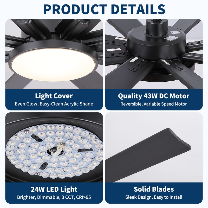Large Ceiling Fan With Dimmable LED Light 8 Blades Remote Control, Reversible DC Motor by HouseOfZazla