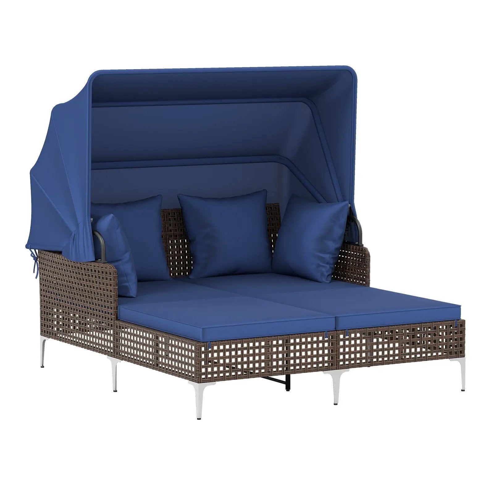 Outdoor Daybed with Retractable Canopy PE Wicker Rattan Patio Lounger by DirectDeals