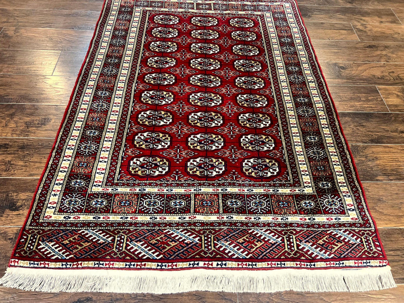 Pakistani Bokhara Rug 4x6, Red Turkoman Carpet, Finely Hand Knotted, Wool Vintage Rug by Jewel Rugs