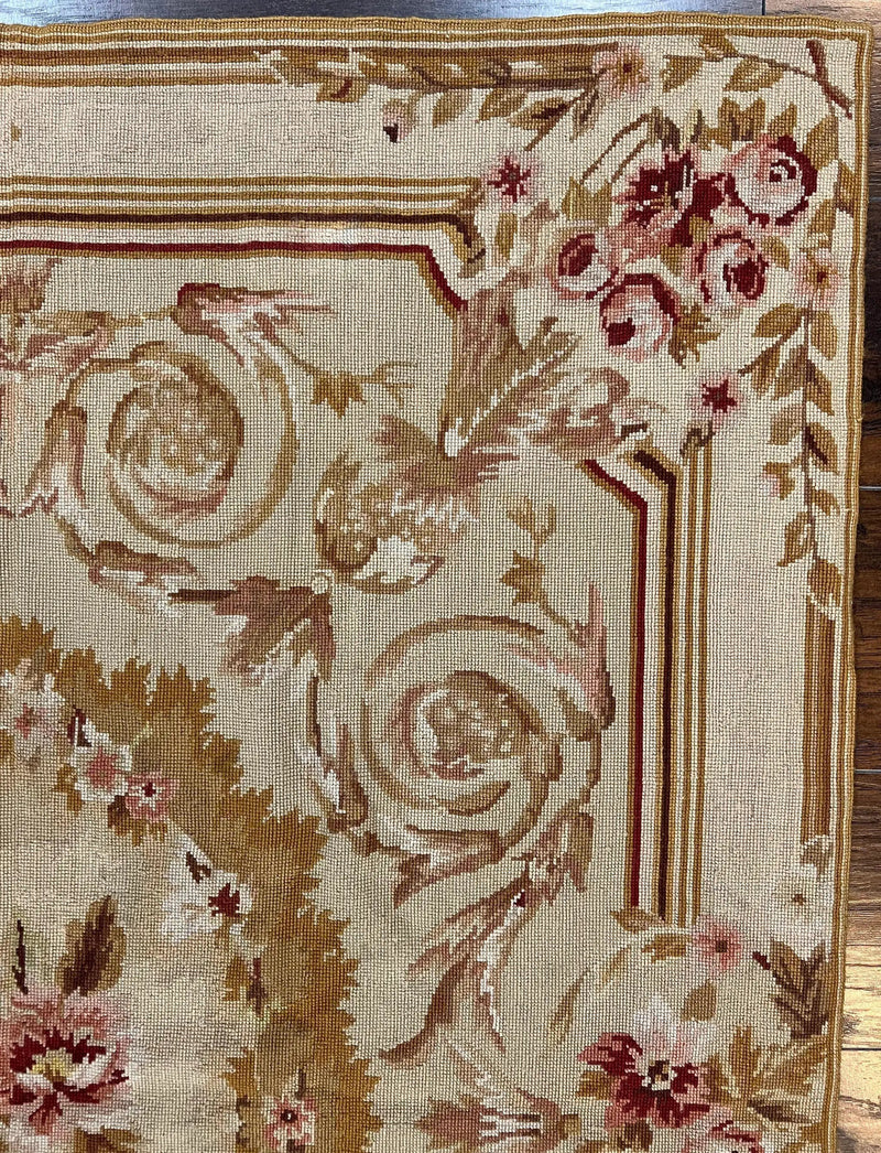 Aubusson Needlepoint Rug 4x5 ft, Beige and Tan, Aubusson Savonnerie Vintage Carpet, Handwoven Handmade Wool Rug, European Design Floral Rose by Jewel Rugs