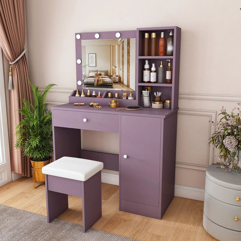 Stylish Vanity Desk Set with Padded Stool & Adjustable Lighted Mirror by HouseOfZazla