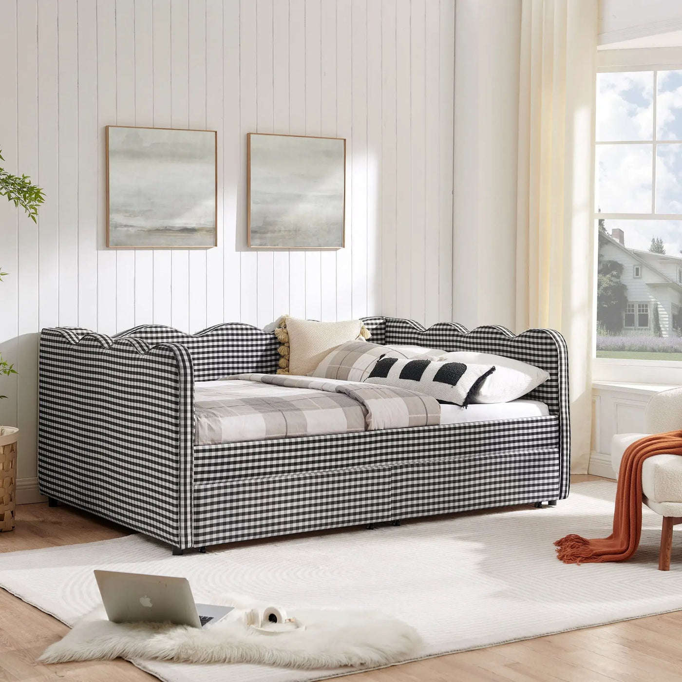 Gingham Daybed With USB Charging Port, Wave-Shaped Design by HouseOfZazla