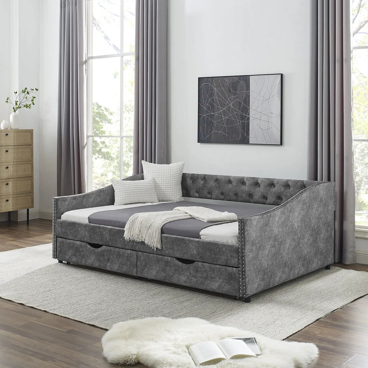 Upholstered Tufted Daybed With Drawers, Waved Arms by Unique Piece Furniture