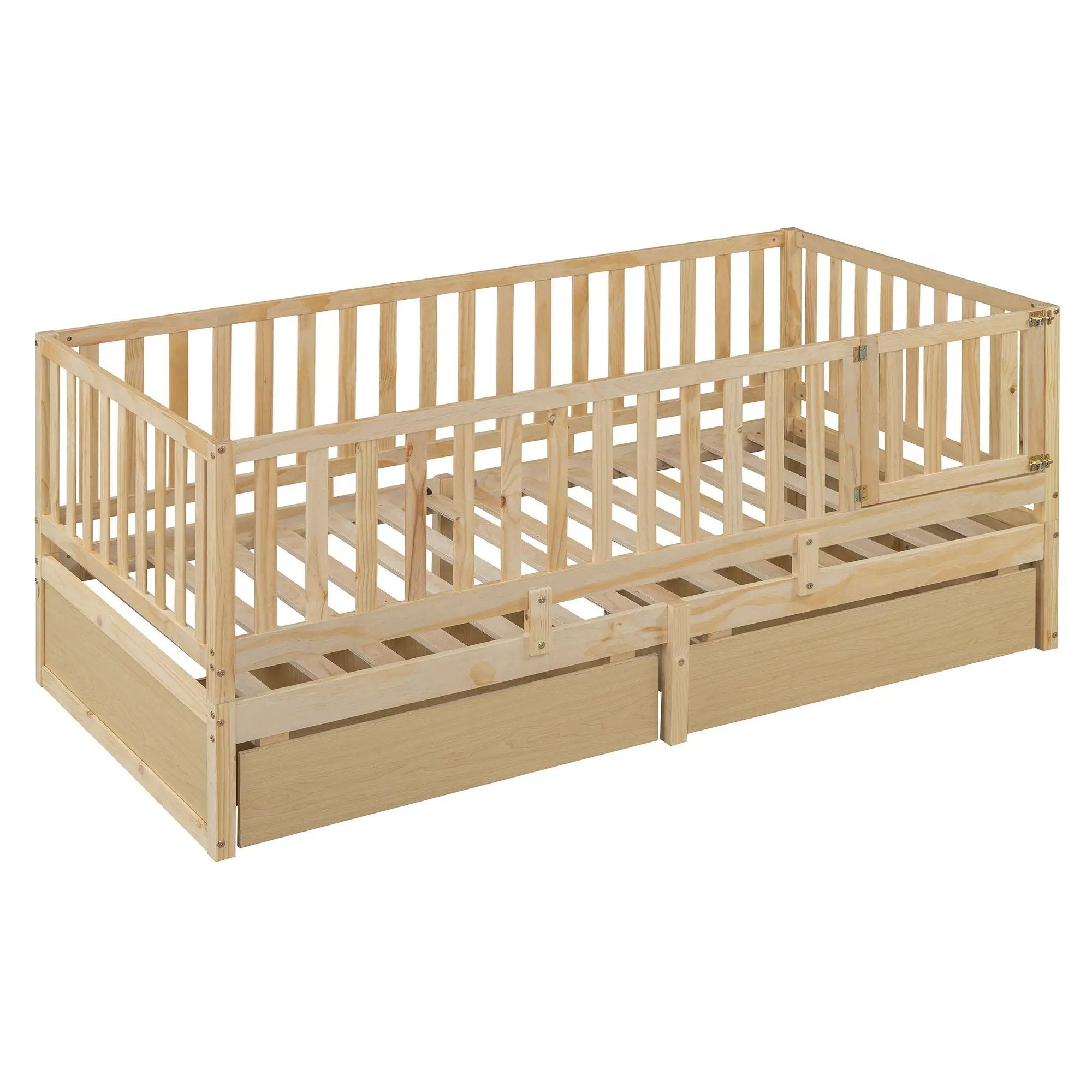 Daybed With Fence Guardrails And 2 Drawers, Split Into Independent Floor Bed & Daybed by HouseOfZazla